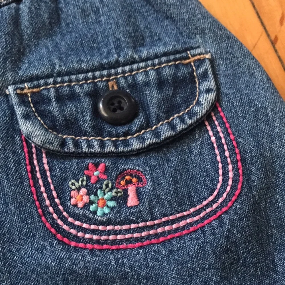 OshKosh B'gosh Blue Denim Pinafore Dress with Rainbow & Butterfly Embroidery